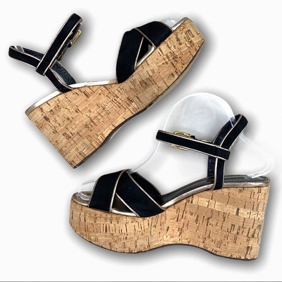 Dolce & Gabbana Black Velvet Gold Leather Wedges - Picture 2 of 15